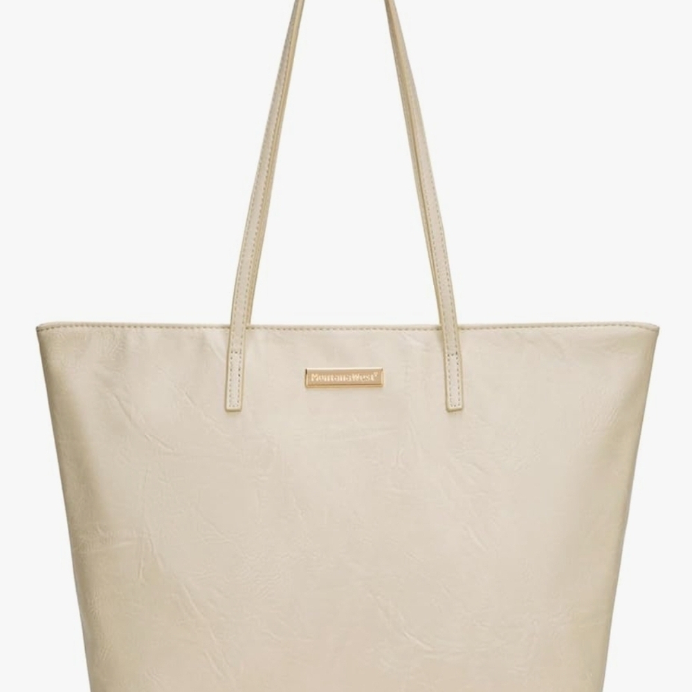 Neutral Cream Tote Bag with Gold Plaque